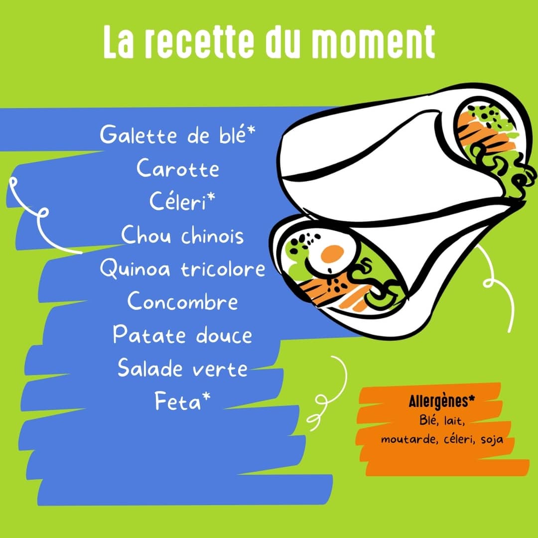 Recette du Wrap du 11 octobre : Galette de blé, caotte, céleri, chou chinois, quinoa tricolore, concombre, patate douce, salade verte, feta